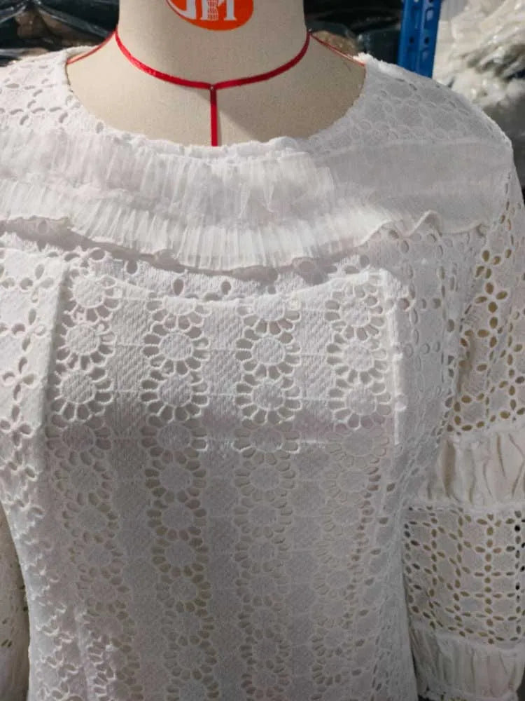 Womens White Lace Spring Dress Round Neck Vintage Beautiful Dresses Hollow Out Female Straight Gorgeous Dress Chic
