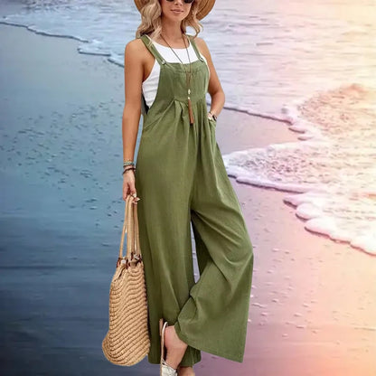 2025 Spring/Summer New Ethnic Style Solid Color Wide Leg Jumpsuit Women Loose Fit Fashion Elegant Casual Overalls Wide Leg