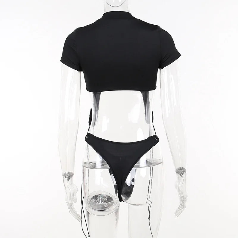 Short Sleeve Bodysuit, Mock Neck Women Y2k Clothes, Hollow Out One-Piece Body Feminino, Lace Up Club Outfits, Sexy Lingerie