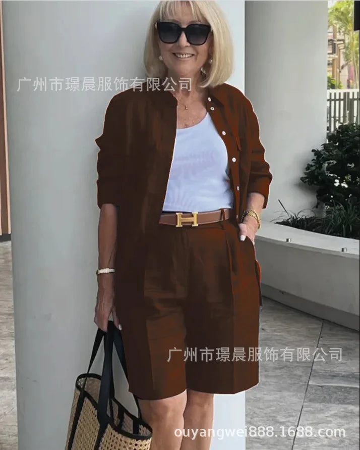 2026 Elegant 2-Piece Sets For Women Womens Cardigan Shirt Top Summer Solid Color Casual Shorts Two Piece New In Matching Sets