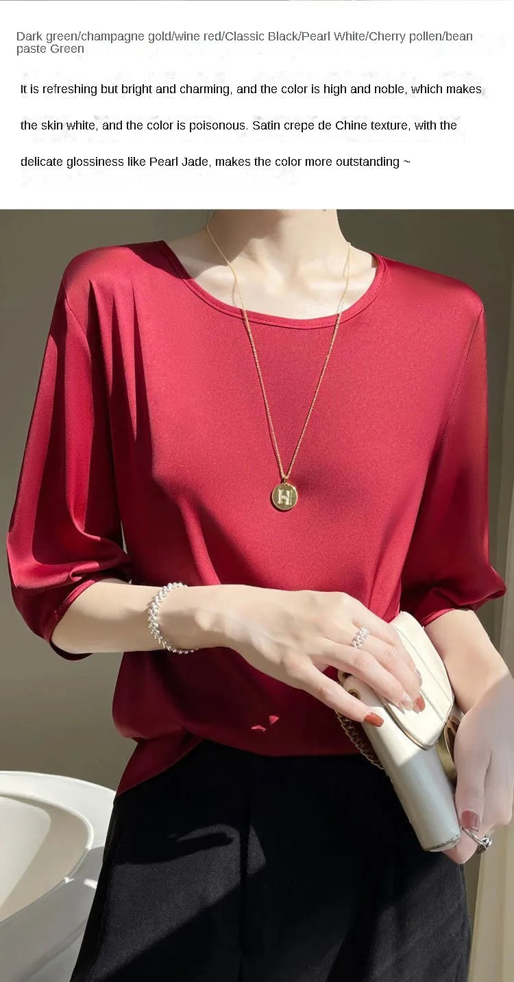Summer satin Women Blouse Silky Loose Woman Shirt lady's half Sleeve tops Casual solid t-shirt O-Neck pullover women's clothing
