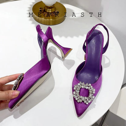 Brand Silk Women Pumps Luxury Crystal Slingback High Heels Summer Bride Shoes Comfortable triangle Heeled Party Wedding Shoes