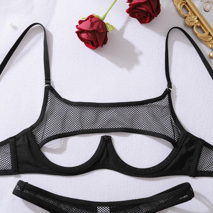 AVELINE Fashion Hollow Mesh Splicing PU Leather Gathering Sexy Strap Underwear Set