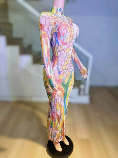 Women Birthday Singer Cheongsam Stylish PromQueen Costume Evening Drag Queen Dress SexyStretch Paint Long Sleeve Dress G020