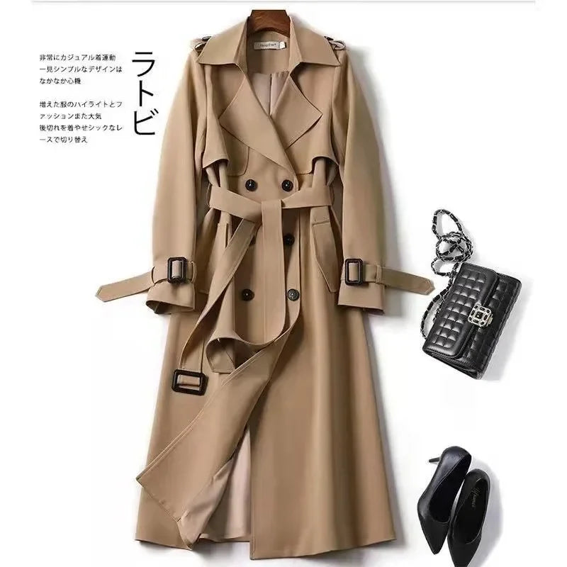 Long Trench Coat Women Lace Up Button Coats Full Sleeve Turn Down Collar Splice Jackets Solid Pockets Office Lady Streetwear