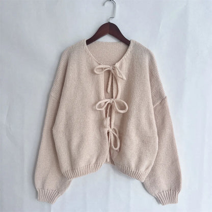 Bow Tie Front Cardigan for Women Long Sleeve Knitted Jacket Sweater Autumn Winter Knitwear Teen-girl Y2K Cute Outfit