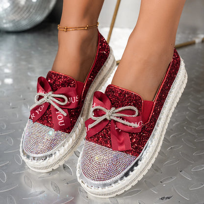 Women Sneakers 2025 New Luxury Crystals Bowknot Loafers Sequined Flat Platform Shoes Couple Fashion Plus Size Sneakers Women