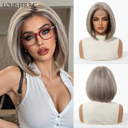 13*6 HD Transparent Lace Front Wigs Natural Hairline Short Straight Synthetic Wigs For Women Daily Party Brown Mixed Blonde Wigs