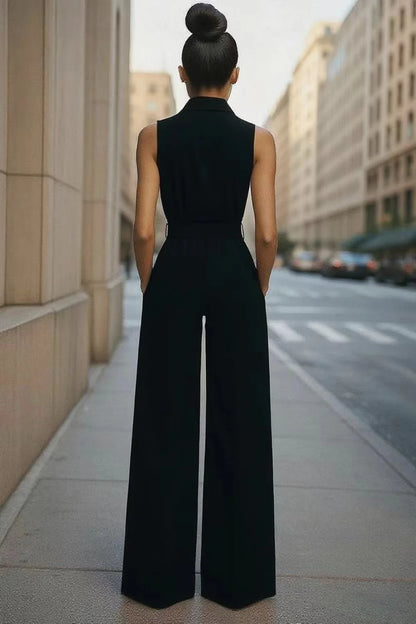 Sleeveless Lapel Jumpsuit Women's Fashion Button Down Shirt Collar Solid Color Wide Leg Commuting Office With Pocket Jumpsuit