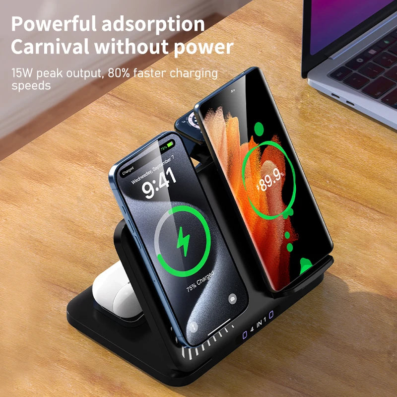 4 in 1 Dual Phone Wireless Charger Stand Magnetic Fast Charging For iPhone 17~12 Samsung S25 Xiaomi Airpods Pro Apple Watch 11~2