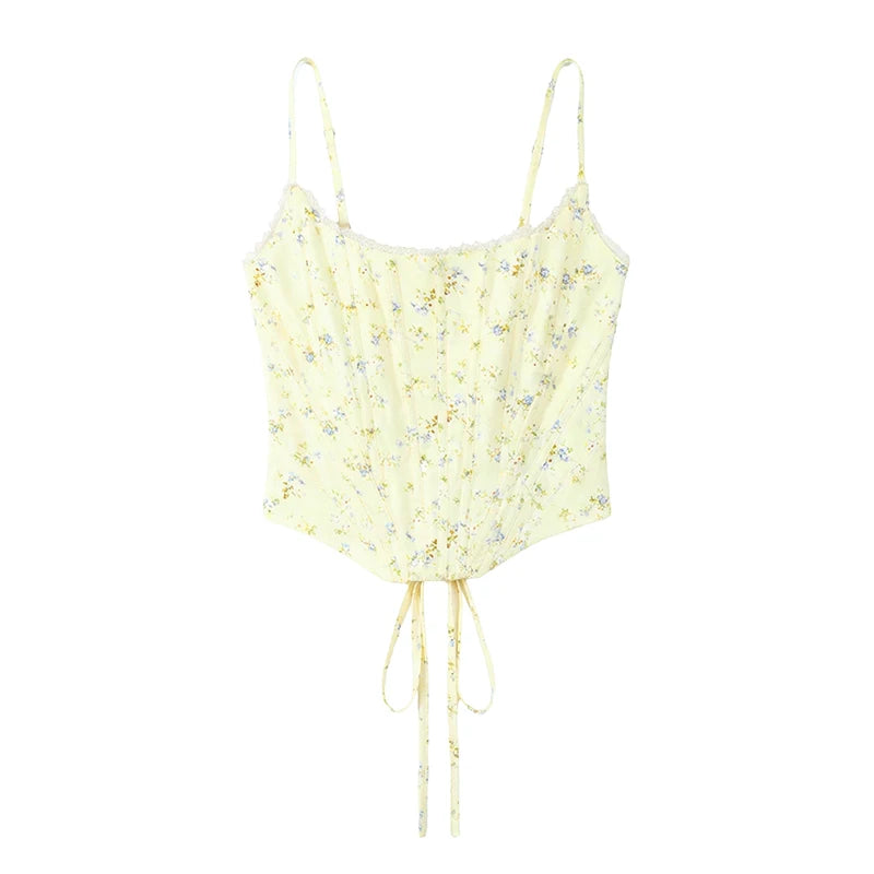 Yellow Flora Printed Corset Top Women Sexy Sleeveless Fishbone Bodycon Spaghetti Strap Lace Up Tops 2026 Lady Summer Party Vest