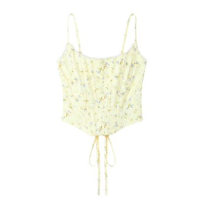 Yellow Flora Printed Corset Top Women Sexy Sleeveless Fishbone Bodycon Spaghetti Strap Lace Up Tops 2026 Lady Summer Party Vest