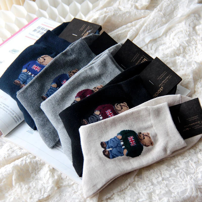 Polo Socks Men Gentleman Cotton Socks Bear Cartoon Bussiness Harajuku Skateboard Novelty Breathable Sox Designer Socks Size46-39