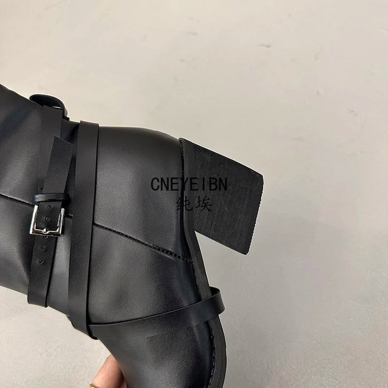 New Women Square Toe Cross Strap Buckle Knee High Boots Leather Chunky Heel Vintage Tall Boots Ladies Daily Commute Botas Mujer