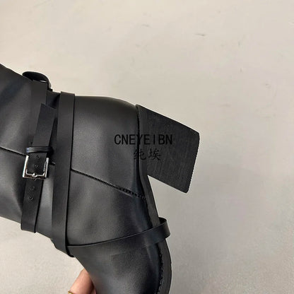 New Women Square Toe Cross Strap Buckle Knee High Boots Leather Chunky Heel Vintage Tall Boots Ladies Daily Commute Botas Mujer
