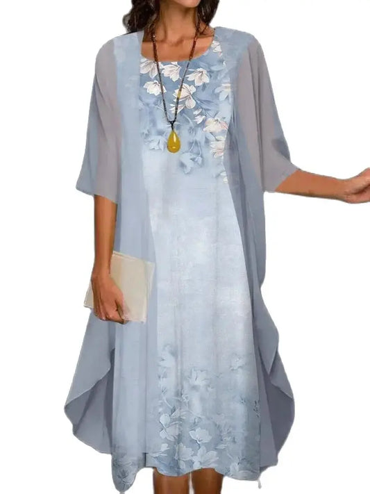 Fashion Women Chiffon Summer Sleeveless O-Neck Print Loose Party Dresses +Cardigan Shawl Elegant Casual Lady Two Piece Set Dress