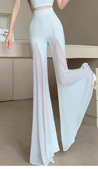 White mesh fishtail flared pants women summer thin design high waist hanging feeling elegant chiffon wide leg casual pants