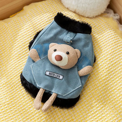 Cat autumn and winter thickened warm pocket three-dimensional bear denim traction vest small dog dog pet clothes