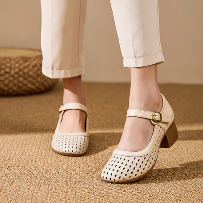 AIYUQI Women Hollow Mary Jane Shoes Genuine Leather Women Sandals Summer Comfortable Middle Aged Mother Shoes