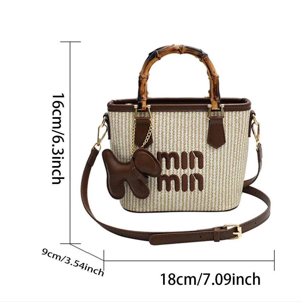 Women's Crossbody Bag Bamboo Fiber Woven Basket Bag Water Bucket Bag Zipper Closure, Versatile for Casual & Formal Occasions