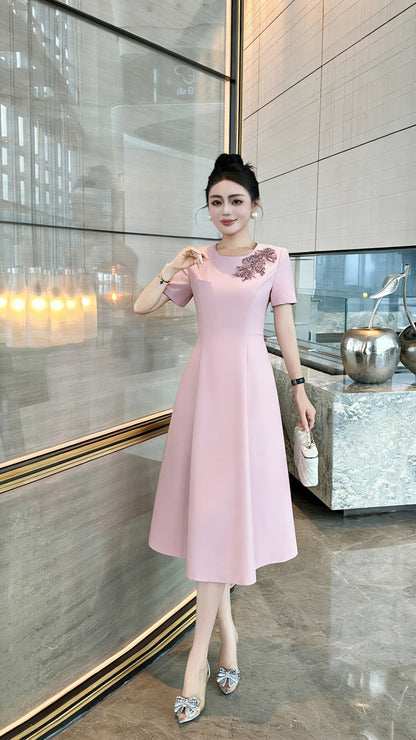 ZJYT Elegant Luxury Diamonds Dress Women 2026 Spring Summer Short Sleeve Midi Special Party Eve Dresses Pink Casual Vestidos