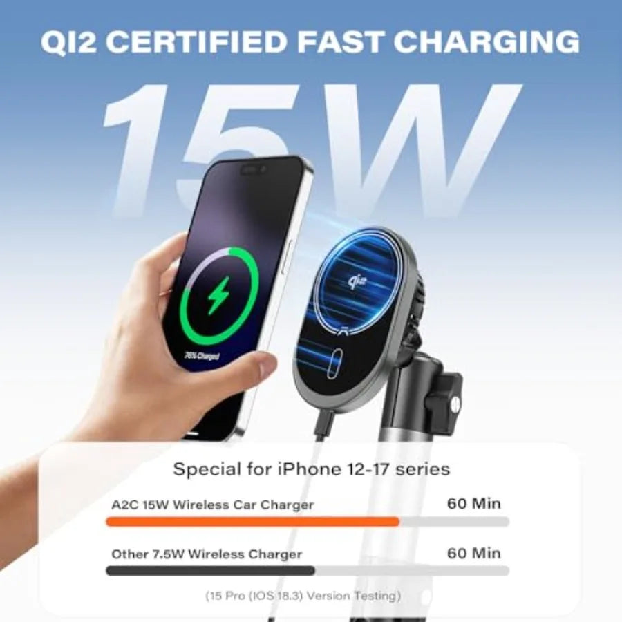 for Magsafe Car Mount Charger, QI2 15W Wireless Fast Charging Cup Holder Phone Charger - Dual Cooling System, Aluminum Alloy Tr