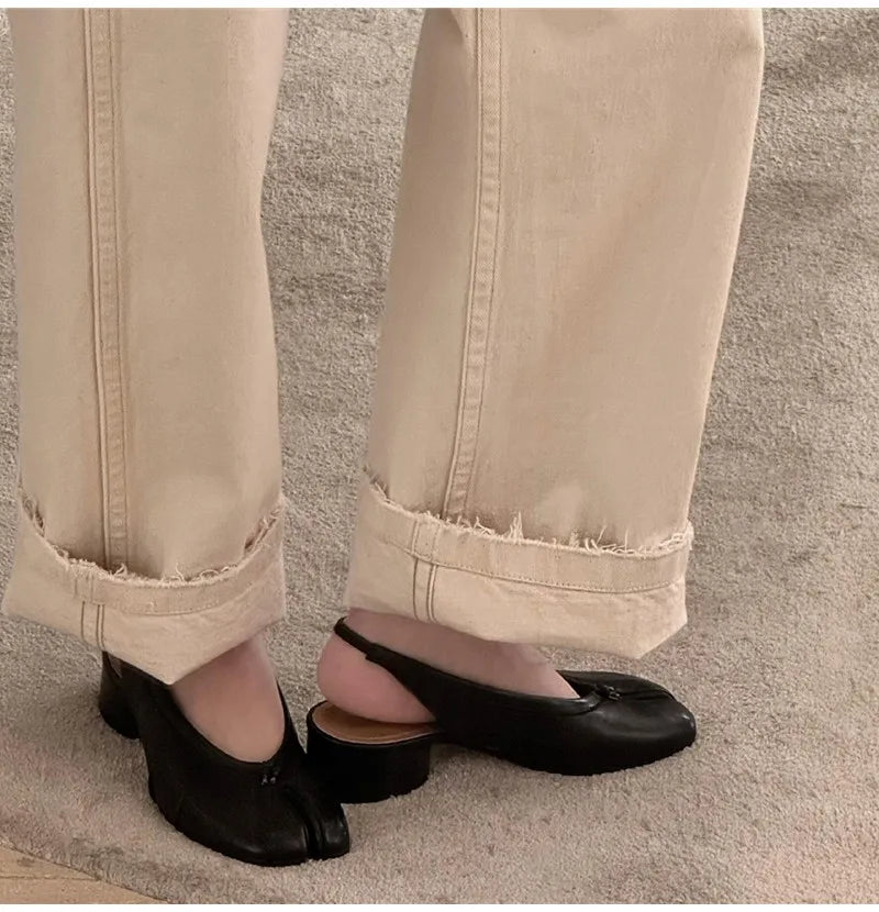 2025 Spring Summer Fashion Soft Leather Split Toe Women Pumps Casual Comfortable 3.5cm Low Heeled Slingbacks Tabi Ballet Shoes