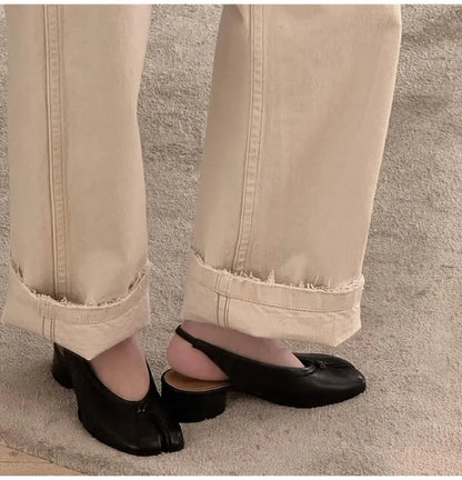 2025 Spring Summer Fashion Soft Leather Split Toe Women Pumps Casual Comfortable 3.5cm Low Heeled Slingbacks Tabi Ballet Shoes