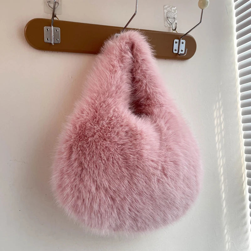 Winter Shoulder Bags Casual Furry for Women Solid Color Soft Plush Ladies Clutch Purse Handbags Lightweight Female Hobos Bag