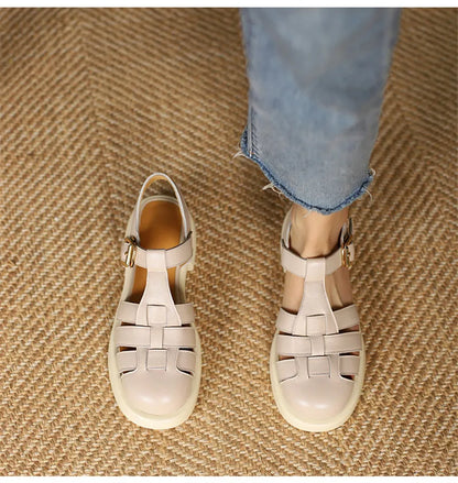 2023 Women Sandals Retro Genuine Leather Luxury Roman Sandals Casual Buckle Strap Summer Shoes GLADIATOR Thick Heel Women Shoes