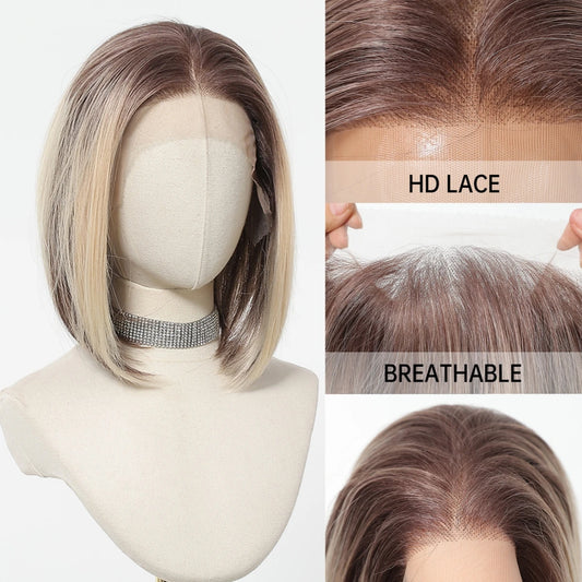 13*6 HD Transparent Lace Front Wigs Natural Hairline Short Straight Synthetic Wigs For Women Daily Party Brown Mixed Blonde Wigs