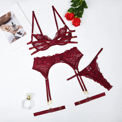 Sexy Bodysuit Sets Elegant Newest Product Diamond Decoration Grain Sexy Lace Hollow Out Design Underwear Set With Steel Rim UBNS