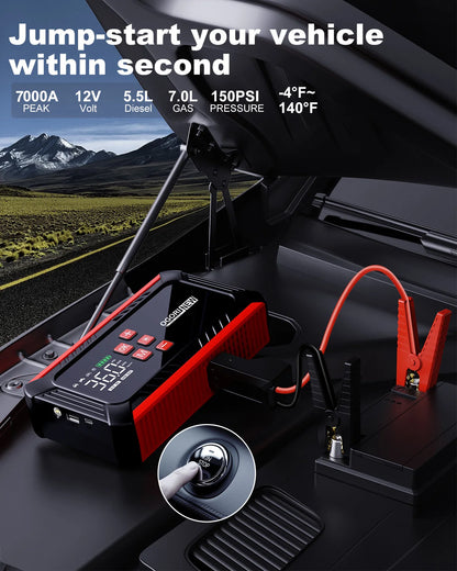Jump Starter with Air Compressor 150PSI, 7000/8000A Portable Car Battery Booster (All Gas/16L Diesel)