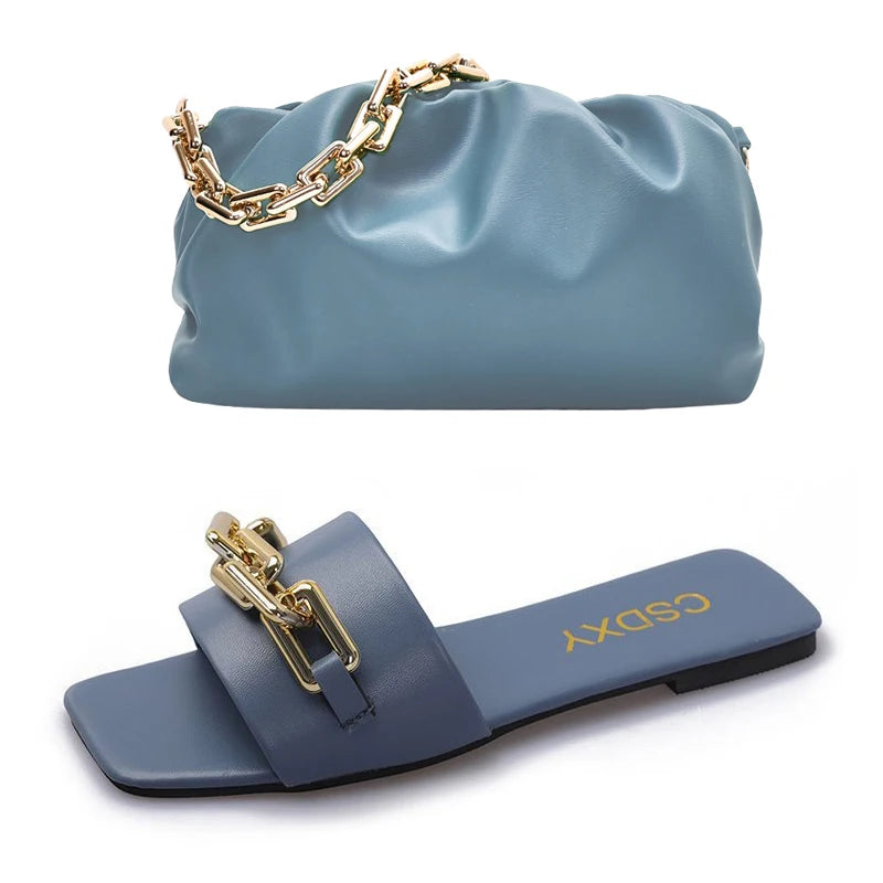 High Quality Purse And Handbag PU Leather Purses And Chain Sandals Sets Flat Shoes And Bag Set Matching Handbag For Women Luxury