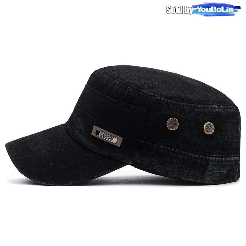 Cotton Perforated Breathable Military Academy Cadet Flat Cap Sun Hat Trucker Caps Dad Hats