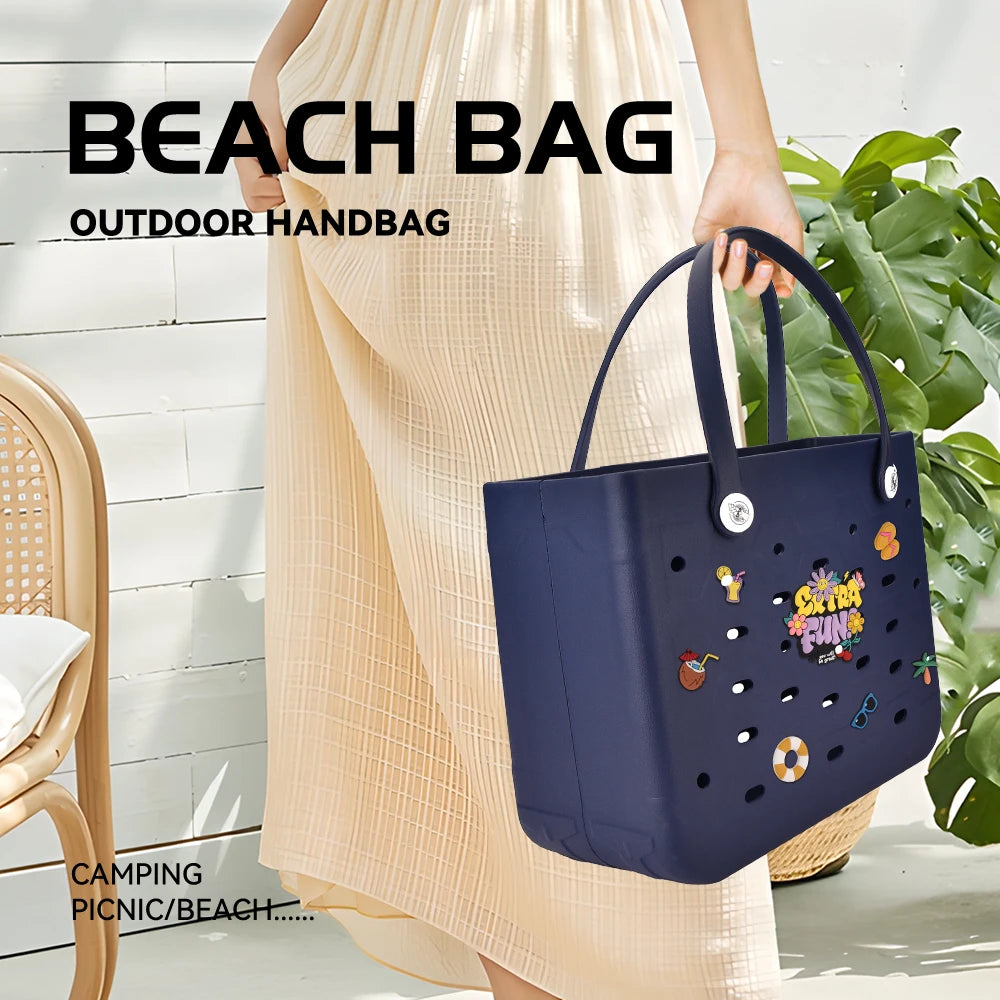 L Large Beach Bag EVA Rubber Waterproof Beach Travel Picnic Storage Basket Women's Shopping Handbag Hemp Bag Jelly Tote Bag