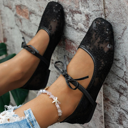 Plus Size 43 Women Fashion Ballet Flats Breathable Laces Square Toe Spring Summer Flat Shoes For Female Daily Walking Loafers