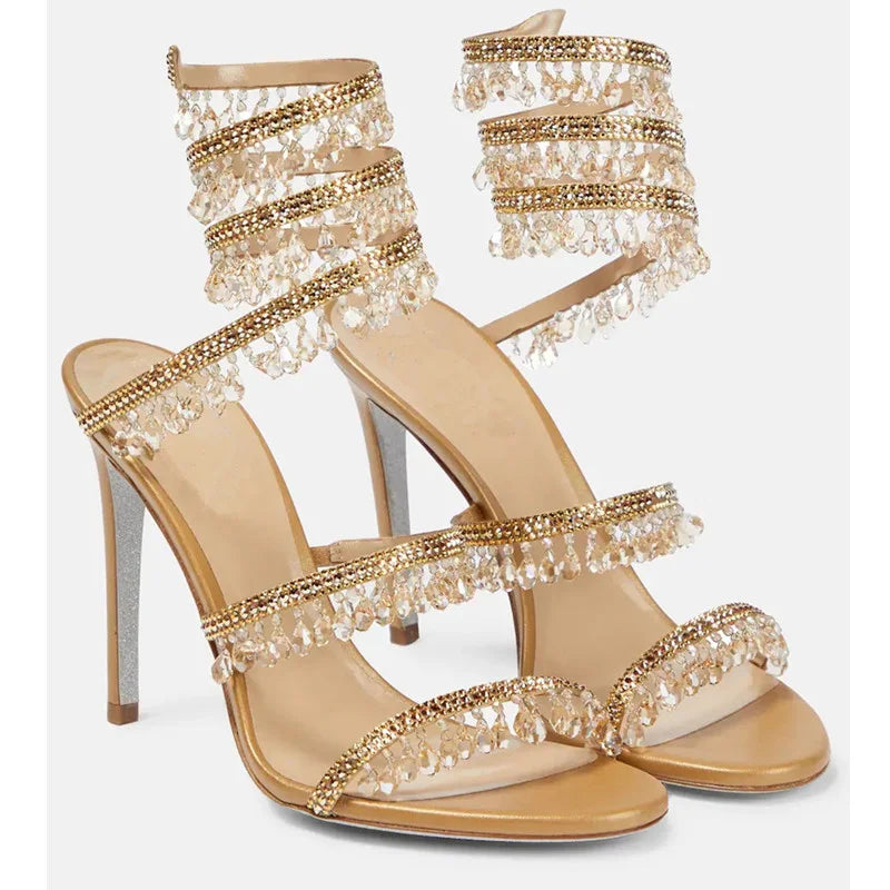 Crystal Wrap Sandals Women Summer 2025 Wedding Shoes High Heel Party Shoes Ankle Strappy Sandals Designer Stiletto Heel Shoes