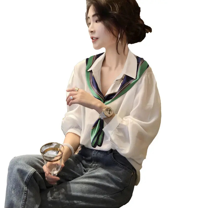 White Long Sleeve Polo Neck Office Shirt Tops Spring New Simplicity Solid Loose Temperament Blouse Fashion Elegant Women Clothes