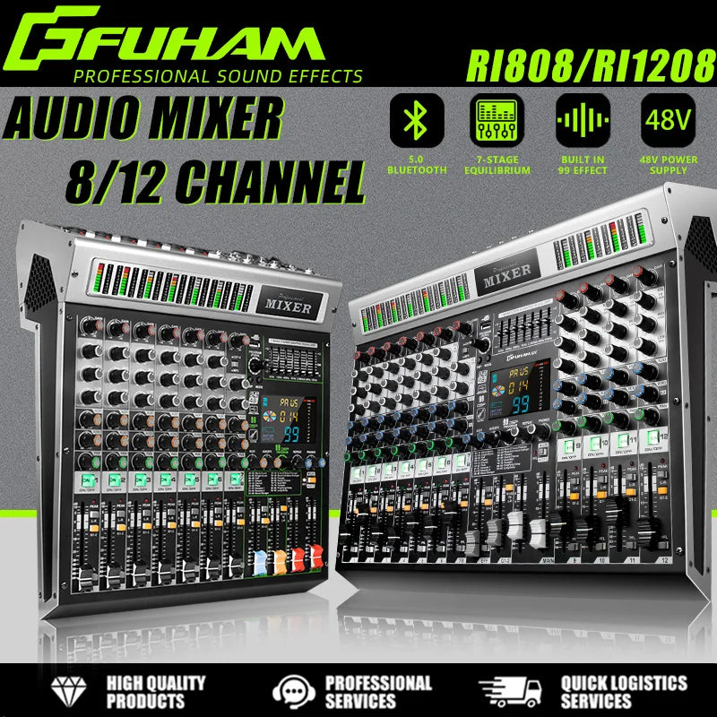 FUHAM RI808/1208 Professional 8/12 Channel 99DSP Mixer 48V Phantom Power USB Recording Studio Karaoke Bluetooth DJ Console Mixer