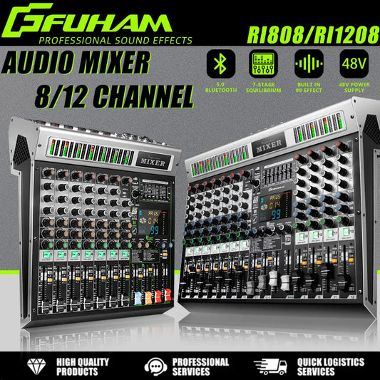 FUHAM RI808/1208 Professional 8/12 Channel 99DSP Mixer 48V Phantom Power USB Recording Studio Karaoke Bluetooth DJ Console Mixer