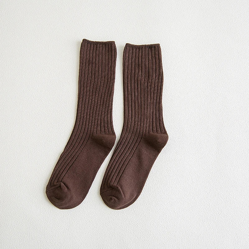 1 Pair Retro Women Cotton Loose Socks Autumn Winter Knitting Solid Color Long Black Korean Japanese Student Girls Stockings