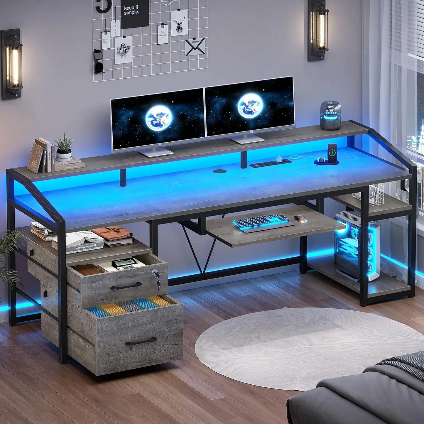 63" Computer Desk, Office Desk with Lock Drawers for Legal/Letter File, Gaming Desk with LED Light & Power Outlet,, Customized