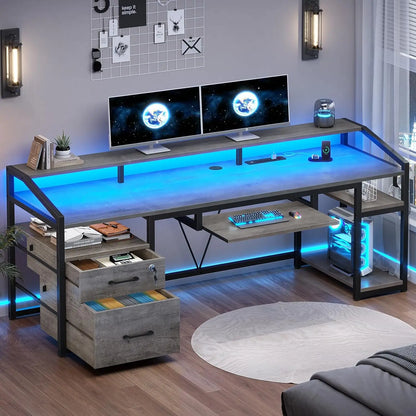63" Computer Desk, Office Desk with Lock Drawers for Legal/Letter File, Gaming Desk with LED Light & Power Outlet,, Customized