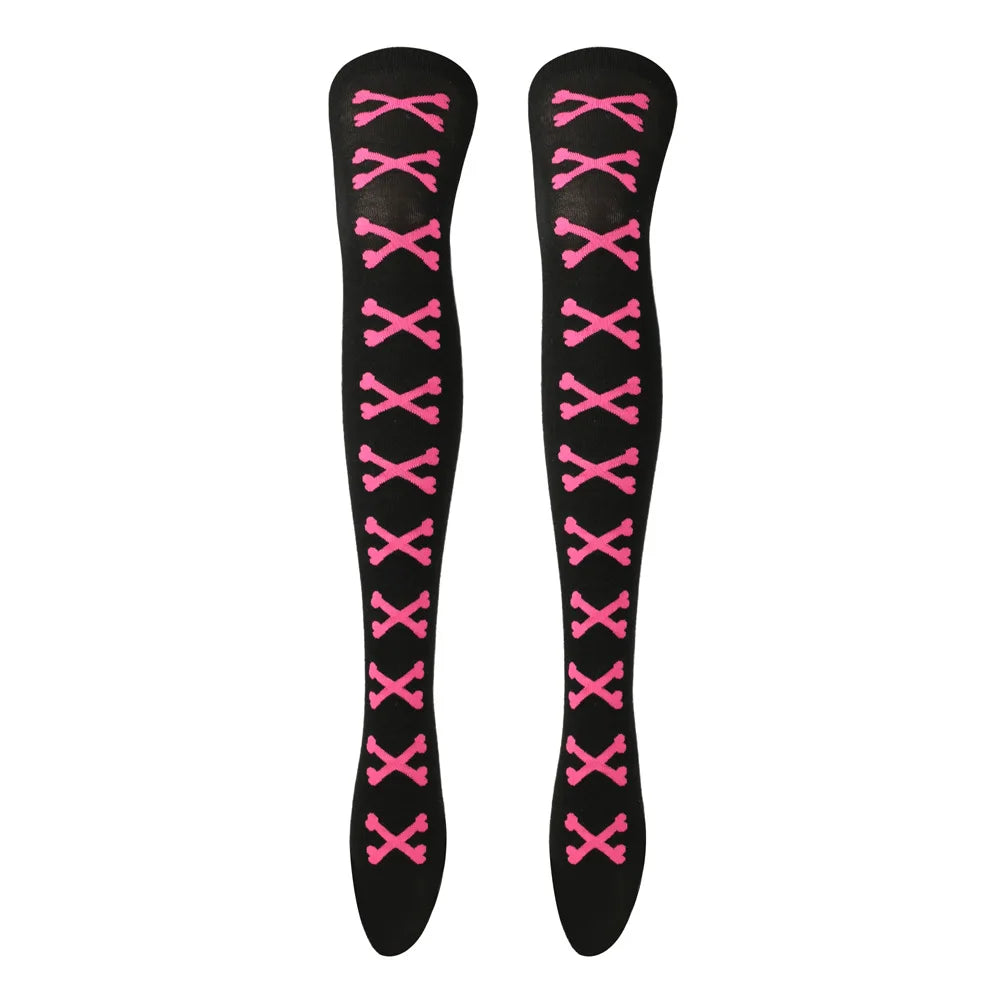 Womens Bone Thigh High Stockings Ladies Halloween Girls Black White Pink Long Over Above Knee Socks Tall Funny Cosplay Harajuku