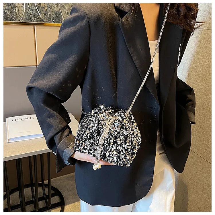 Good-looking Personality Sequin Women's New Korean Bucket Bag Bright Eyes Style Fashion Crossbody Dinner Single Shoulder Bags