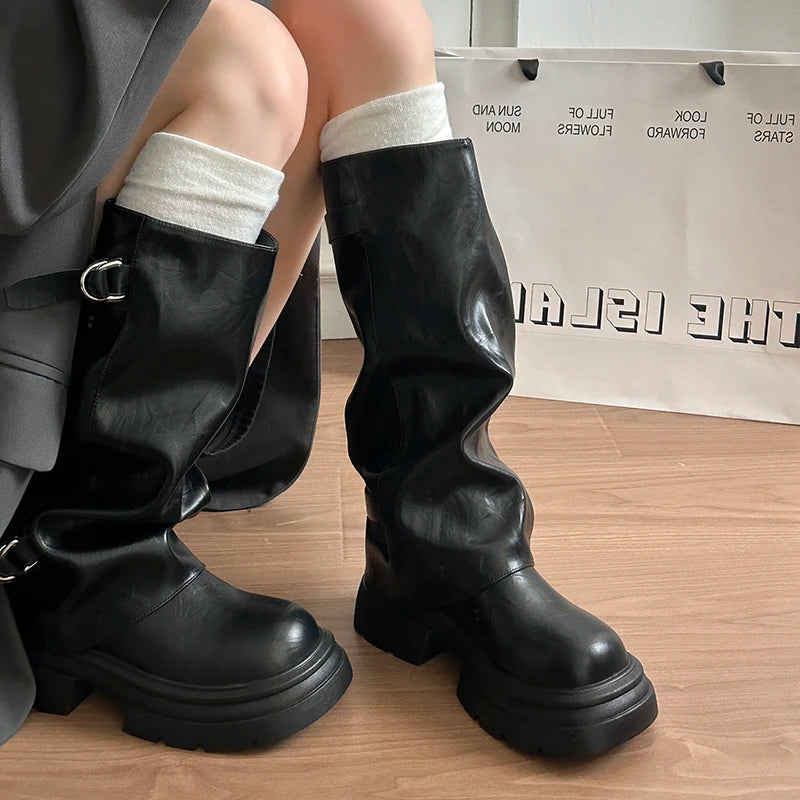 Women Double Buckle Slouch Knee High Boots Round Toe Platform Thick Sole Leather Tall Boots Street Casual Daily Ladies Boots