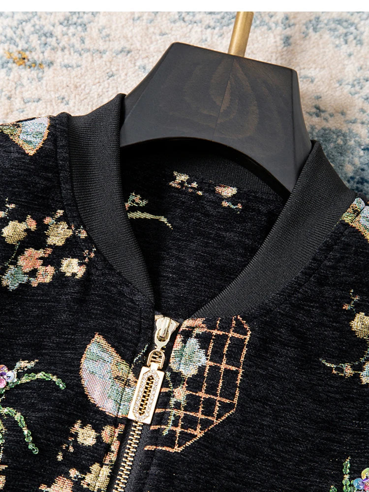 Luxury Beaded Black Jacquard Bomber Jacket Women Vintage Stand Collar Baseball Coat Elegant Embroidered Rhinestone Outerwear