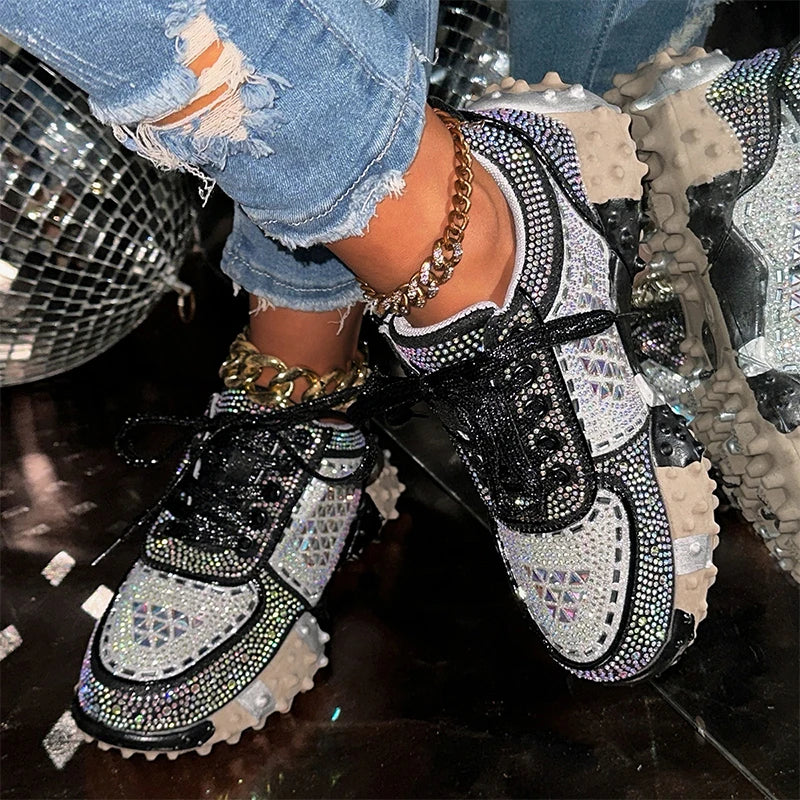 Women's Sport Shoes Crystal Sneakers Casual Flats Platform Shoes Woman 2025 Designer Brand Hiking Running Shoes Mujer