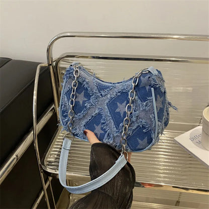 Women's Tote Bag with Star Pattern Blue Distressed Design, Golden-Tone Hardware, Stylish Handbag Shoulder Bag for Everyday Use